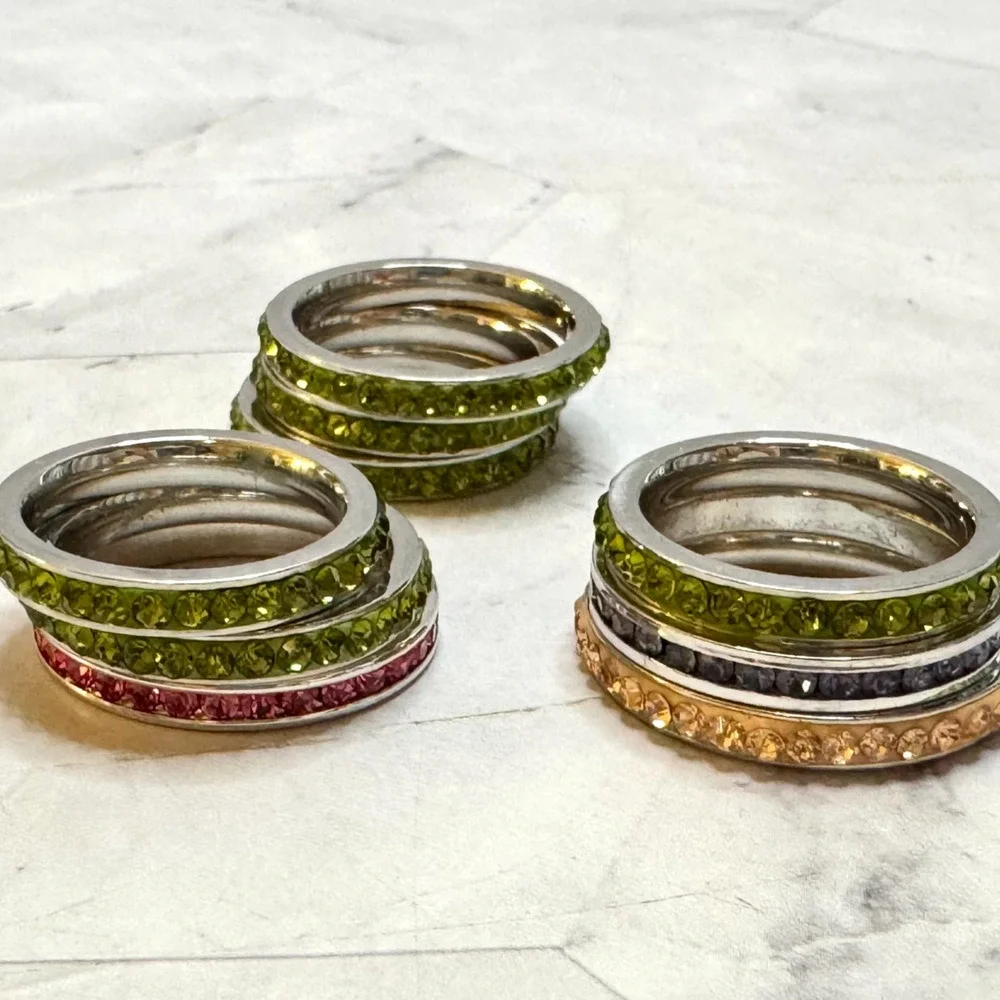 Lot of 9 Crystal Eternity Bands Green Lavender Pink Stacking Channel Set Various